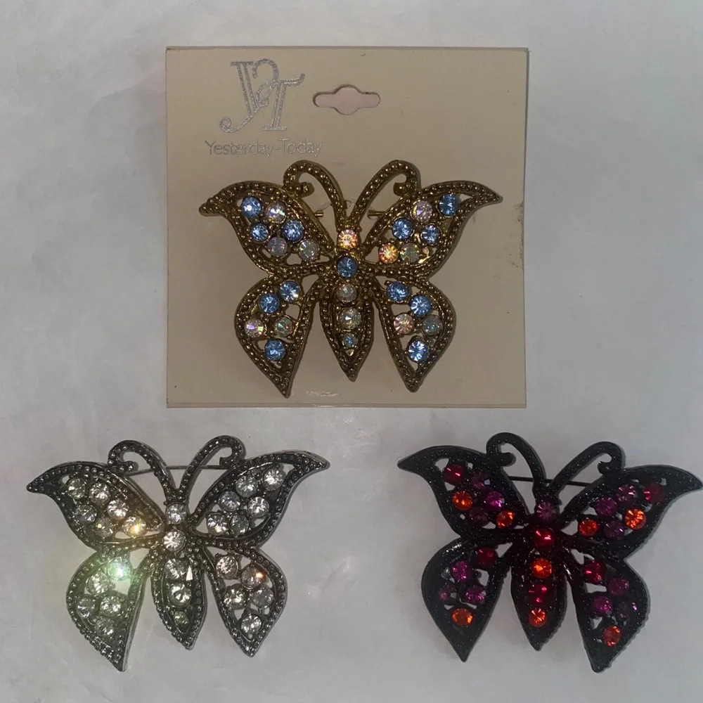 YESTERDAY-TODAY 3p Rhinestone Embellished Butterfly Brooch Pin $60